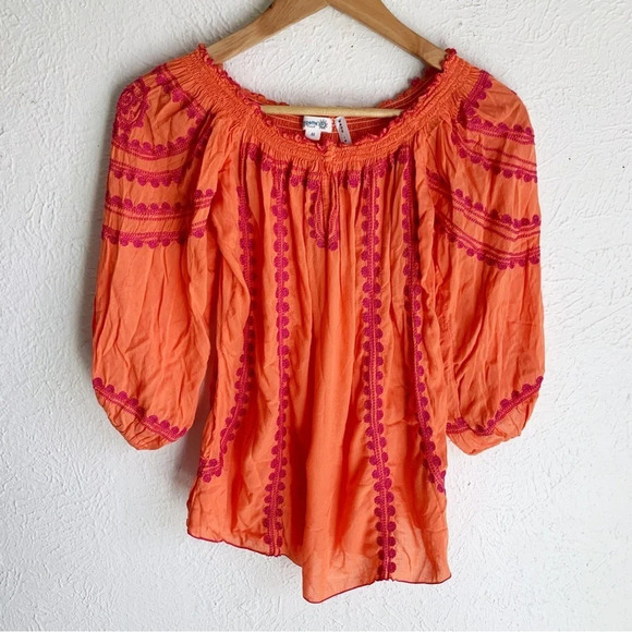 Poupette S. Barth Embroidered Blouse Orange Pink Sz Medium - Picture 1 of 5